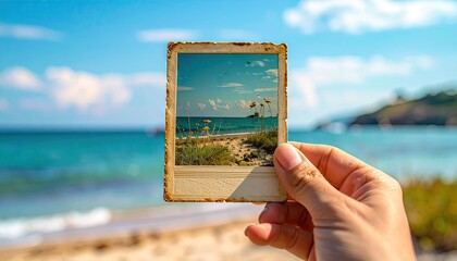 Hand holding a vintage instant photo of a beach scene with turquoise water and sandy shore on a sunny day