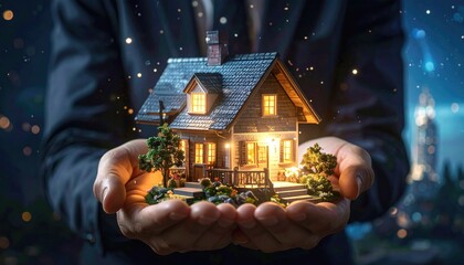 Hands Hold Illuminated Miniature House With Detailed Landscape And Sparkling Lights In Dark Background With Cityscape Silhouette