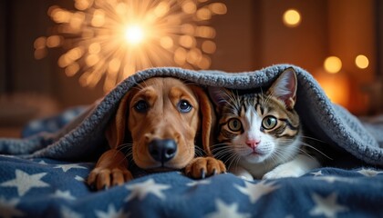 Dog and cat cuddle under blanket watching fireworks glow. Friends feel safe inside. Companions enjoy festive night time event. Pet safety, holiday comfort.