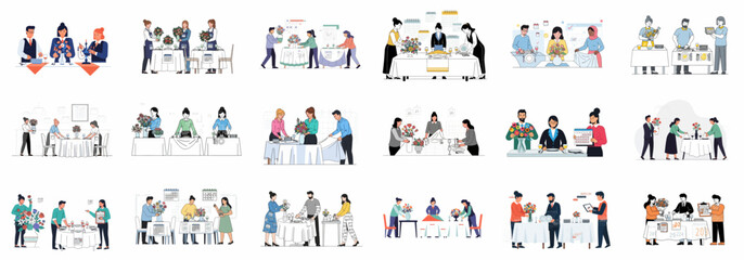 Professional event planning and catering team setting tables, arranging floral centerpieces, and coordinating schedules for formal banquets and restaurant service.