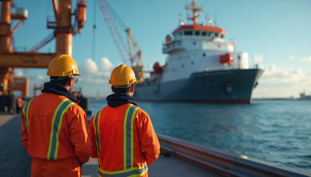 Two workers in orange uniforms and hard hats stand by the water. They watch a large ship and cranes in a busy port. Teamwork and job safety are important.