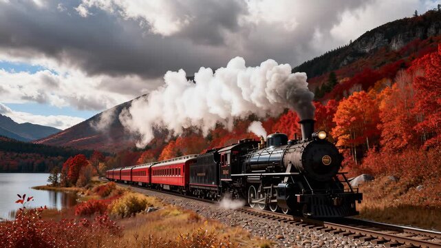 Steam train passes a mountain lake during peak autumn color with red and orange foliage. Thick white steam contrasts with dark storm clouds and rugged peaks as the locomotive rounds curved tracks besi