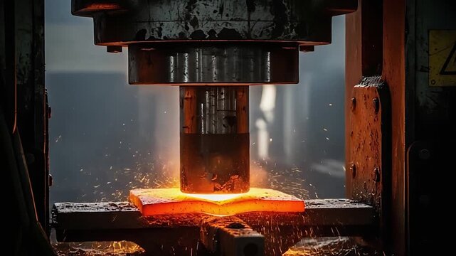 Industrial Forging Press Shaping Hot Metal Sparks Flying in Factory Workshop.