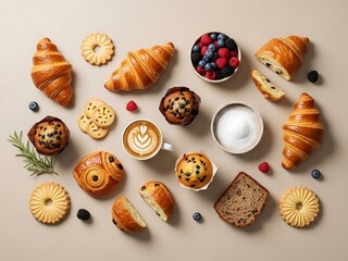 Delicious breakfast pastry assortment with coffee flat lay arrangement