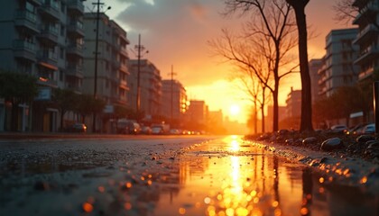 Rainy city street at sunset. Sun reflects on wet pavement and puddles. Buildings and bare trees line the road. Moody urban evening atmosphere with soft bokeh lights.