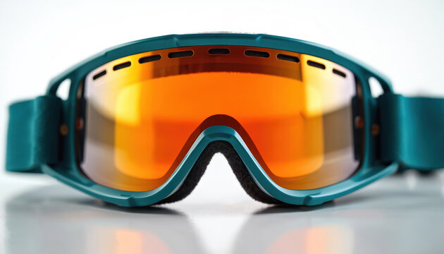 Teal ski goggles with orange lens sit on reflective surface. Protective eyewear for winter sports like skiing and snowboarding. Stylish accessory for snow adventures.