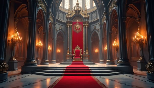 Grand gothic hall interior with ornate empty throne on raised platform. Red carpet leads up grand stairs. Majestic columns, chandeliers illuminate space. Fantasy medieval castle chamber setting.