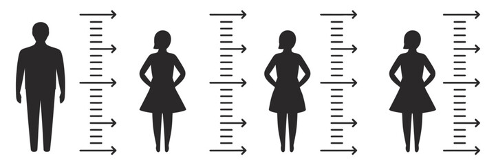 Human height growth measurement icon set featuring person silhouettes with ruler scale, fitness body size vectors, health tracking graphics, growth charts, and wellness illustration