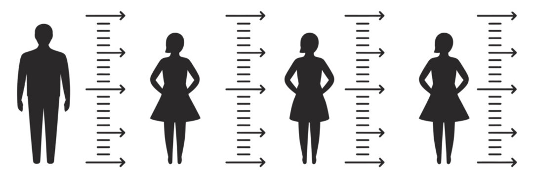 Human height growth measurement icon set featuring person silhouettes with ruler scale, fitness body size vectors, health tracking graphics, growth charts, and wellness illustration