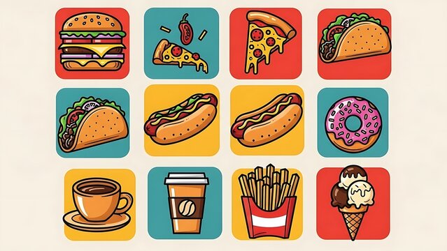 Colorful Fast Food Icons Set Illustration.