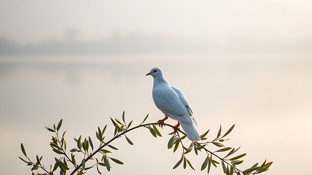 infamy. White dove perched on olive branch against calm lake at dawn. wildlife magazines, conservation campaigns, designed for wildlife conservation campaigns, used by retail merchandisers.