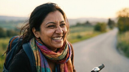 Exploring Indian landscapes with a smile while cycling on a scenic road during late afternoon