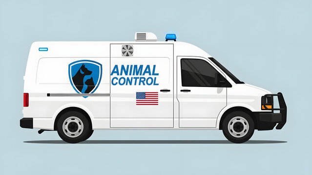 Animal control van driving on a road with a blue shield logo and American flag