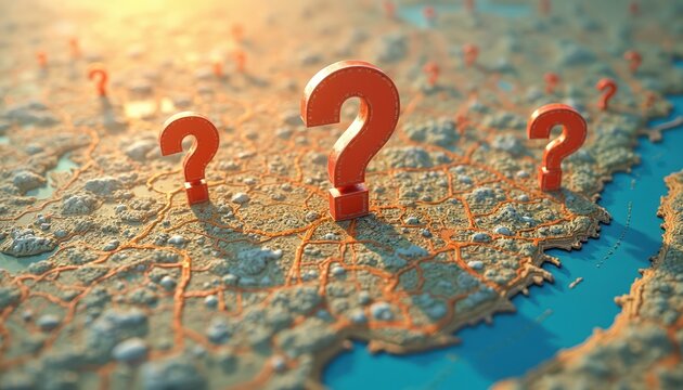 Red question marks placed on abstract city map indicating uncertainty in direction or location. Represents problems, puzzles, or unknown journey destinations on terrain.