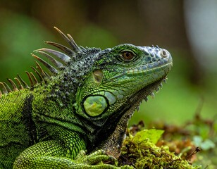 Obraz premium Close-up of a green iguana, showing detailed scales and forest habitat
