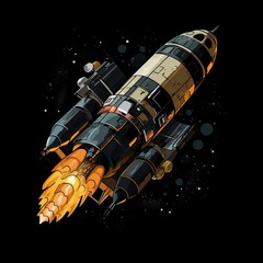 Retro Rocket Ship Soaring Through Space on a Black Background, Adventure and Exploration