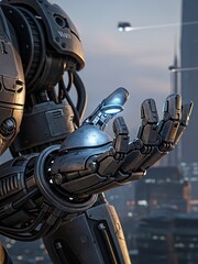 Futuristic Metallic Robot Holding a Light Orb in a Sci-Fi Cityscape