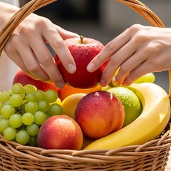 Hands Carefully Placing a Fresh Apple into a Woven Fruit Basket