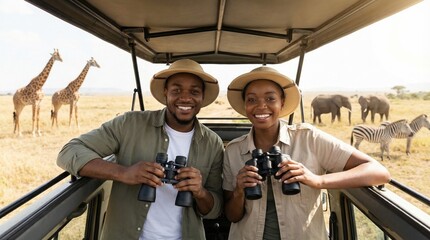 Couple enjoys wildlife safari in Africa with binoculars while observing animals