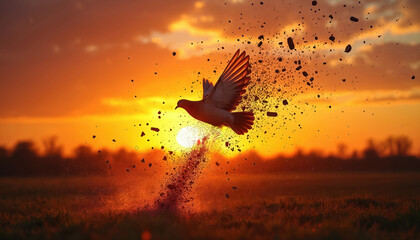 Bird explodes into dust at sunset. High speed captures fragmented pieces flying apart. Dramatic motion effect against fiery orange sky. Nature scene at twilight with flying debris.