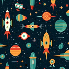 Retro Space Adventure Seamless Pattern with Rockets, Planets, and Stars for Kids Design.