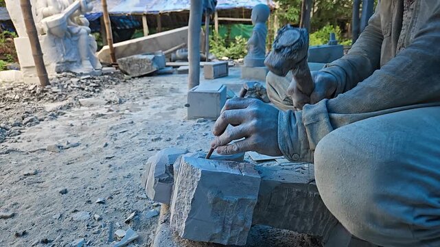 Indian Skilled artisan carefully carves stone using a hammer and chisel, showcasing traditional craftsmanship, sculpture making, and handmade stone art.