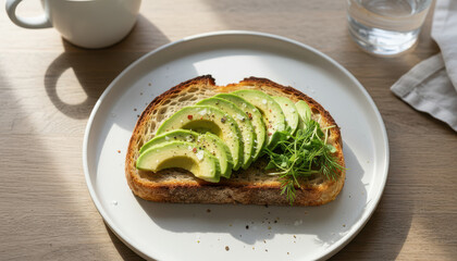 Avocado toast with sliced avocado and herbs on a white plate