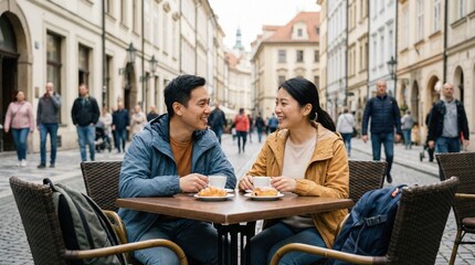 Couple enjoying coffee and pastries at a cafe while exploring a busy street in a historic city during daytime