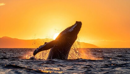 Majestic Humpback Whale Breaching Ocean Surface During Golden Hour Sunset with Distant Island Silhouette Warm Orange Sky