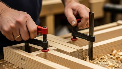Precision woodworking project assembling with clamps in carpentry workshop