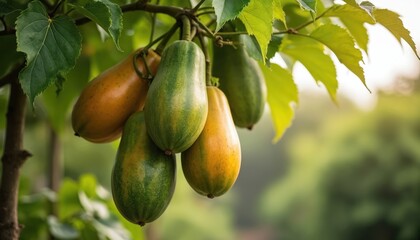 Ripe papayas hang from a branch in a garden. Green and yellow fruits grow on the tree. Healthy food grows outdoors. Organic produce from nature.