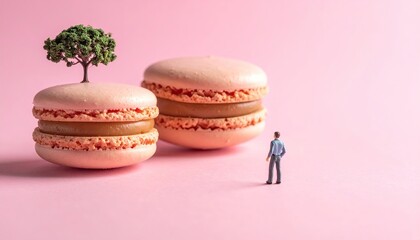 Miniature man standing beside oversized pink macarons and a tiny tree on a soft pink background with bright lighting