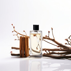 Elegant Transparent Perfume Bottle with Black Cap and Cinnamon Sticks on White Background