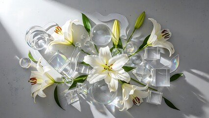 Still life with lilies, geometric transparent figures and soft light play