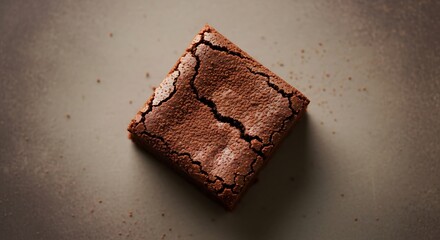Top view of delectable single fudge brownie square with sprinkled crumbs