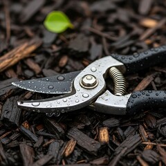 Wet Pruning Shears Resting on Dark Mulch with a Tiny Leaf in the Scene