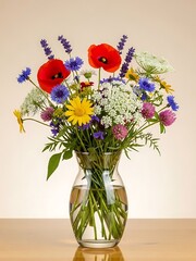 Vibrant wildflowers display in transparent glass vase, floral arrangement