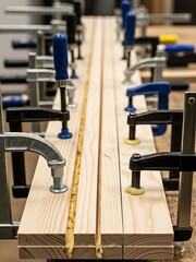Woodworking project with clamps securing glued planks, closeup view