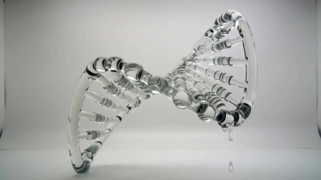 Glass DNA helix sculpture sits on a reflective surface in a neutral studio. The transparent twisted form evokes a molecular double helix with smooth beads and symmetry. Soft lighting creates subtle sh