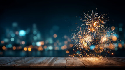 New year 2026 party fireworks background banner panorama with text, firework and sparklers on rustic dark black night sky defocused, celebration display, pyrotechnic show, with cop