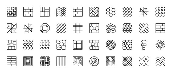 Architectural paving line icon set. Vector pictograms of herringbone, basketweave, cobblestone, brick, hexagon, shingle, wave, and radial patterns, thin outline illustration.