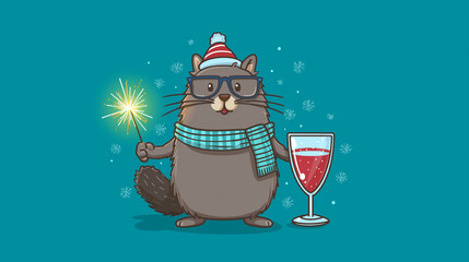 New year party celebration greeting card with text, cute cat with sparkler and beverage glass, isolated on turquoise background, festive animal, humorous character, with copy space