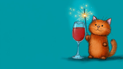 New year party celebration greeting card with text, cute cat with sparkler and beverage glass, isolated on turquoise background, festive animal, humorous character, with copy space