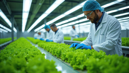 Scientists in lab coats, caps check rows of fresh green lettuce growing in modern automated greenhouse. Agricultural workers examine plants for quality control, optimal farm production using advanced