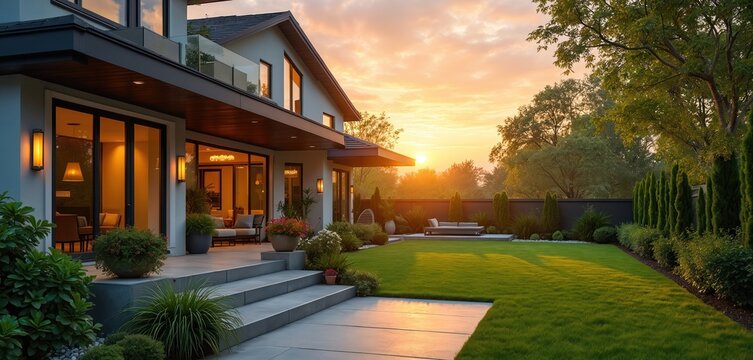 Modern house backyard at sunset with rich green lawn manicured hedges, manicured garden. Soft evening light illuminates patio with outdoor furniture, creates long shadows. Backyard landscaping