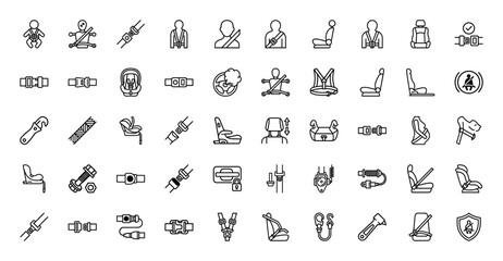 Vehicle seat belt and passenger safety icon set. Vector pictograms of child car seats, buckles, harnesses, pregnant traveler, and emergency tools, thin line illustration.