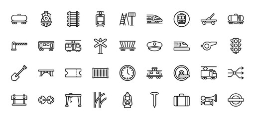 Railroad and public transport line icon set. Vector pictograms of locomotive, track, subway, station, ticket, barrier, signal, and lantern, thin outline illustration.