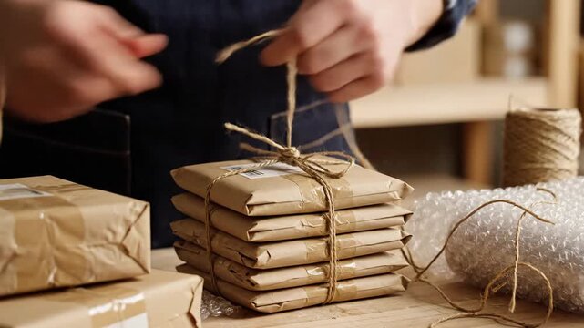 A warehouse worker carefully secures a stack of wrapped packages with twine in a storage area.