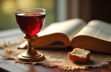 Communion cup with red wine and bread beside open bible. Religious sacrament for spiritual remembrance and faith celebration. Holy communion service.