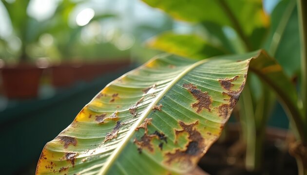 Diseased banana leaf shows yellowing brown spots and dry tips indicating poor plant care or pest infestation. Healthy foliage wilts from root rot and overwatering. Indoor Musa problems.